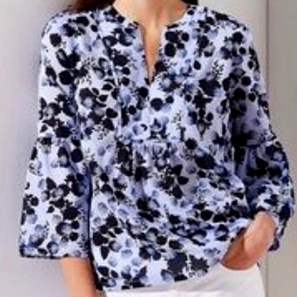 LOFT Tops - LOFT Lightweight Blue Floral Split Neck Bib/ Smock Front Bell Sleeves